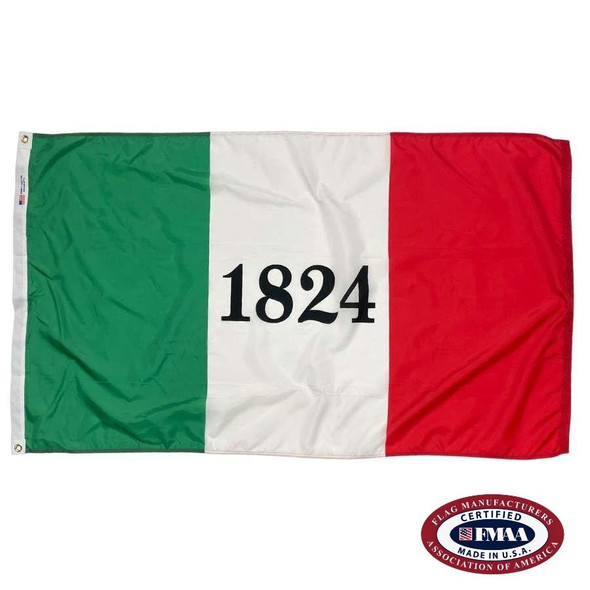 The Alamo flag is a green, white, and red tricolor with the number “1824” written in black in the center. FMAA Certified Made in America seal.
