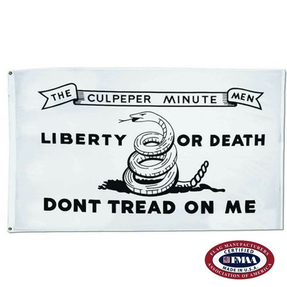 The Culpeper all-white flag features a black line drawing of a timber rattlesnake, coiled for attack, surrounded by the revolutionary slogans “Don’t Tread on Me” and “Liberty or Death.” Scrolling across the top of the flag is a ribbon-style banner, on which are printed the words, “The Culpeper Minutemen” in black capital letters. FMAA Certified Made in America seal.
