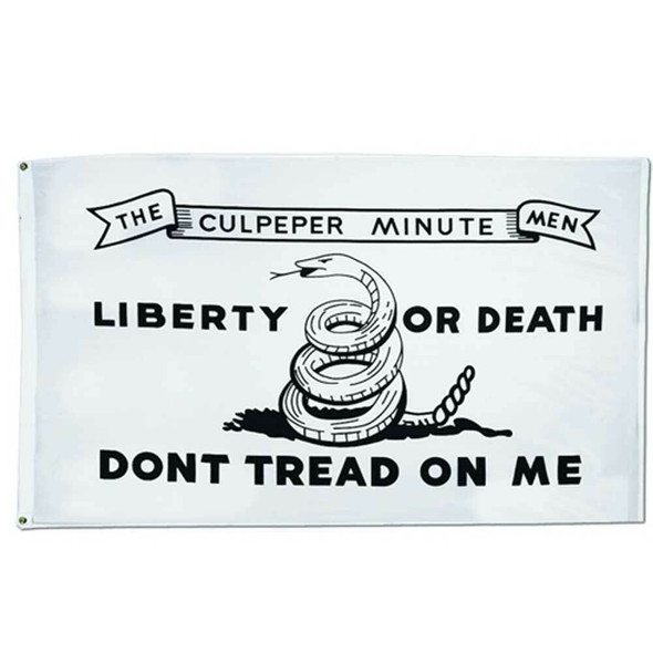 The Culpeper all-white flag features a black line drawing of a timber rattlesnake, coiled for attack, surrounded by the revolutionary slogans “Don’t Tread on Me” and “Liberty or Death.” Scrolling across the top of the flag is a ribbon-style banner, on which are printed the words, “The Culpeper Minutemen” in black capital letters.
