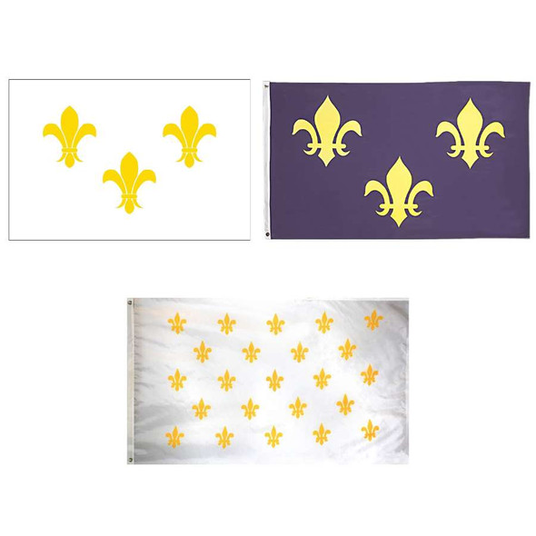Nylon fleur-de-lis flag, available in three designs. The first design features a blue background with three golden yellow fleur-de-lis lily flowers at center. The second option features a white background with three golden yellow fleur-de-lis lily flowers at center. The third option features a white backdrop with 23 golden yellow fleur-de-lis flowers at center. Along the mounting side of the flag is a canvas header with brass grommets for attaching the flag to a flagpole with snaps or hooks.