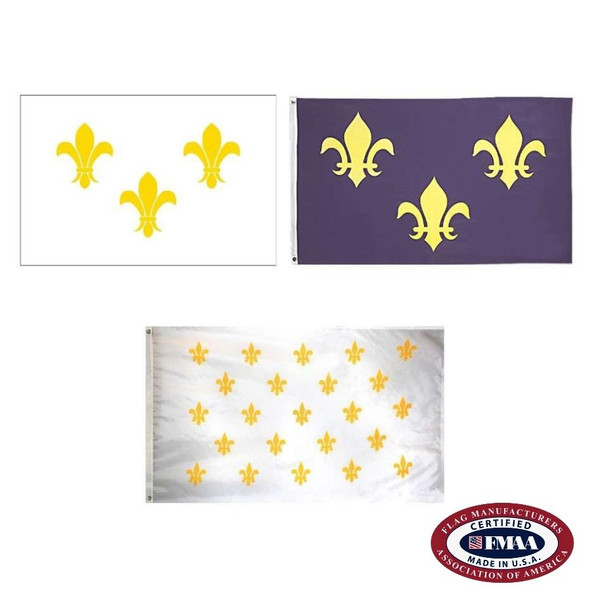 Nylon fleur-de-lis flag, available in three designs. The first design features a blue background with three golden yellow fleur-de-lis lily flowers at center. The second option features a white background with three golden yellow fleur-de-lis lily flowers at center. The third option features a white backdrop with 23 golden yellow fleur-de-lis flowers at center. Along the mounting side of the flag is a canvas header with brass grommets for attaching the flag to a flagpole with snaps or hooks. FMAA Certified Made in America seal.