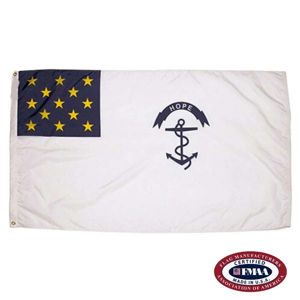 The Rhode Island Regiment flag is white, with a blue canton containing 13 yellow stars. On the right is a blue anchor and the text “HOPE.” FMAA Certified Made in America seal.