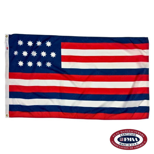 The Serapis flag has 13 white stars in a blue canton with 13 red, white, and blue stripes on the rest of the flag. FMAA Certified Made in America seal.