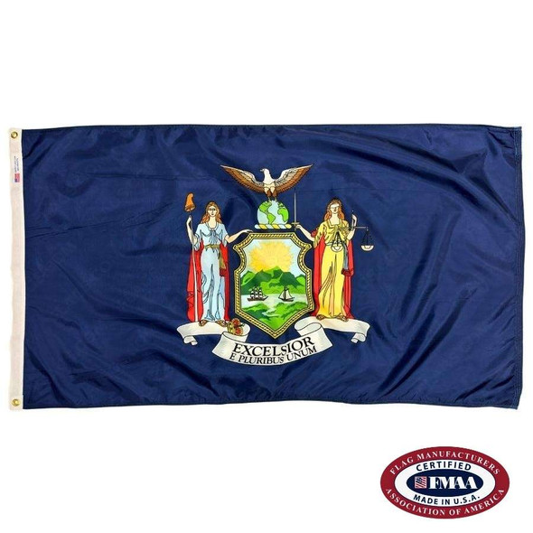 The New York flag has the state seal on a dark blue field. Lady Liberty & the Goddess of Justice flank a shield depicting the harbor in the seal. FMAA Certified Made in America seal.