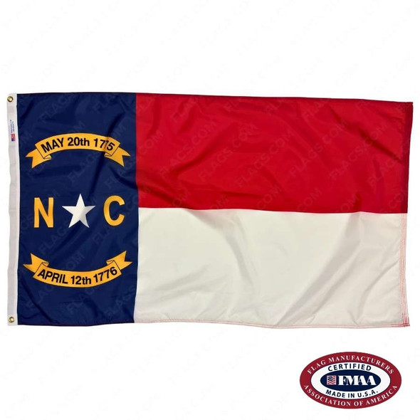 The North Carolina flag has a blue field on the left & 2 stripes of red & white on the right. On the blue field are the letters NC, separated by a star. FMAA Certified Made in America seal.
