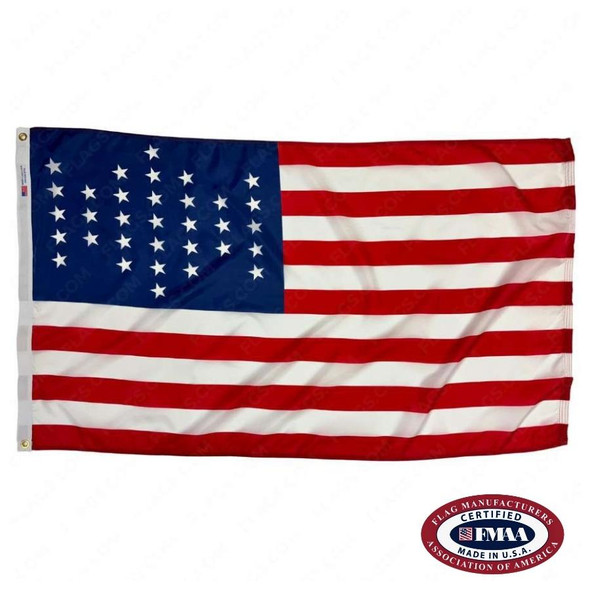 The Sumter flag has 33 white stars in a dark blue canton. The rest of the flag is 13 alternating red and white stripes. FMAA Certified Made in America seal.