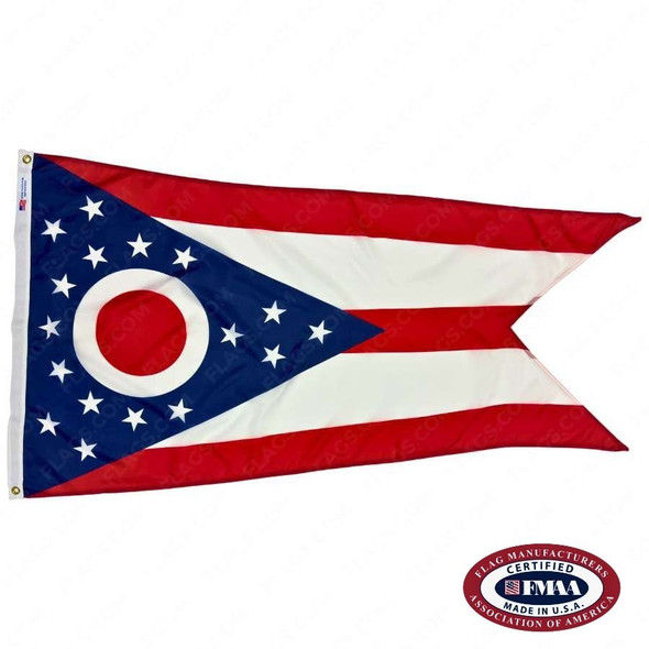 The Ohio flag has a blue triangle containing a white & red circle surrounded by stars. Next to the triangle are 5 stripes of red & white. FMAA Certified Made in America seal.