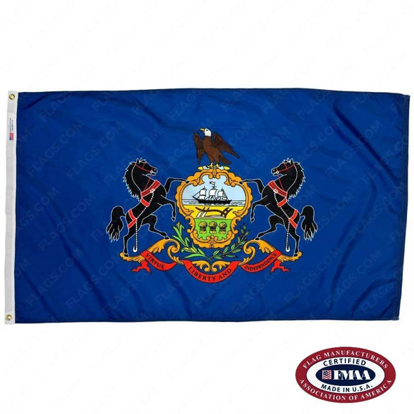 The dark blue Pennsylvania flag has a seal in the center, on which 2 horses flank either side of a shield containing a ship and a plow. FMAA Certified Made in America seal.