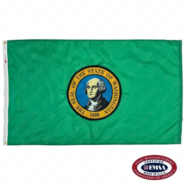 The green Washington flag has a portrait of George Washington in the center, encircled by the text “The seal of the state of Washington 1889”. FMAA Certified Made in America seal.