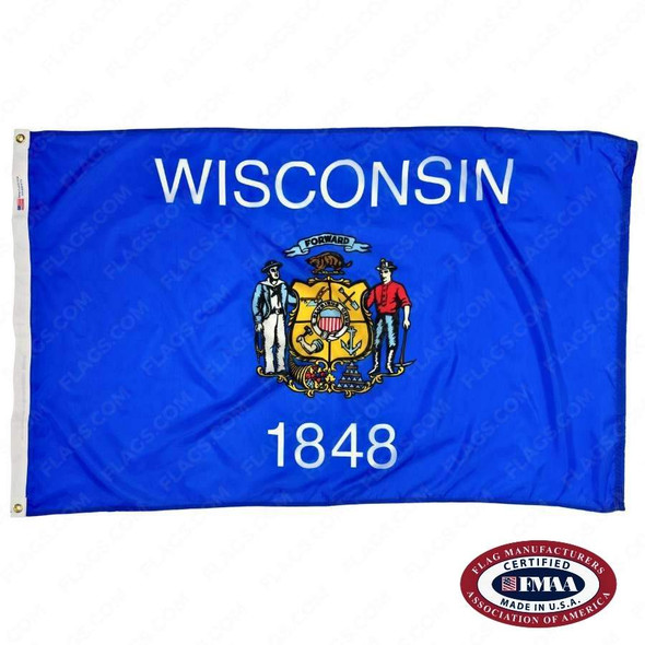 The blue Wisconsin flag has a coat of arms in the center, flanked by a sailor & a yeoman. There is white text that reads “Wisconsin / 1848.” FMAA Certified Made in America seal.