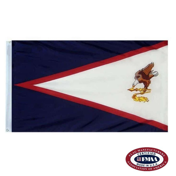 The American Samoa flag is dark blue with a red-outlined white triangle pointing to the left. On the triangle is a bald eagle with a club. FMAA Certified Made in America seal.