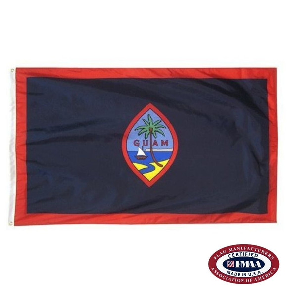 The Guam flag is dark blue with a red outline. In the center is a seal that depicts a ship near a beach and the text “Guam” in red. FMAA Certified Made in America seal.