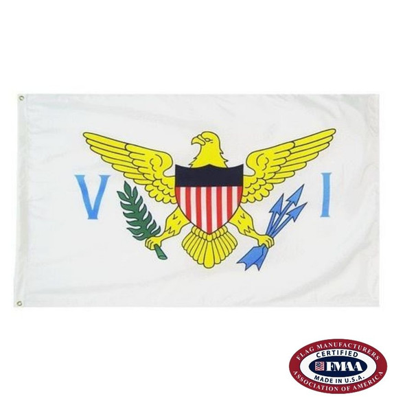 The white USVI flag has a gold eagle in the center, with an American shield on its chest and a laurel and arrows in its talons. FMAA Certified Made in America seal.