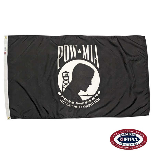 The POW/MIA flag is black with a white emblem in the center, depicting a prisoner of war in front of a watch tower and barbed wire. FMAA Certified Made in America seal.