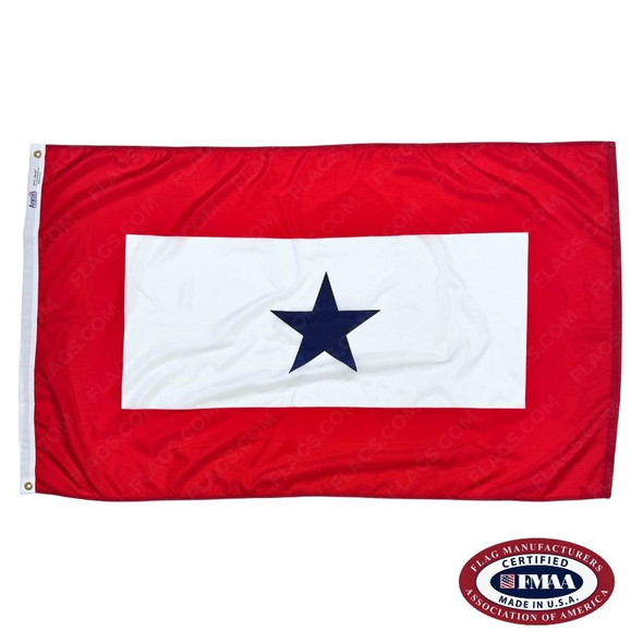 The 1 star service flag depicts a blue star in the center of a white field, with a thick red outline. FMAA Certified Made in America seal.