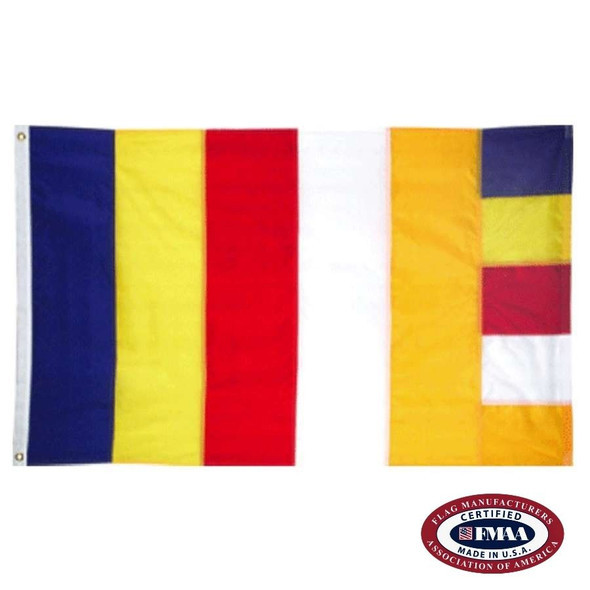 The Buddhist flag has 5 vertical stripes of blue, yellow, red, white, & orange, and 5 squares of the same colors on the right. FMAA Certified Made in America seal.