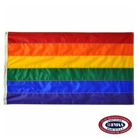 A rainbow flag with six horizontal stripes of red, orange, yellow, green, blue, and violet from top to bottom. FMAA Certified Made in America seal.
