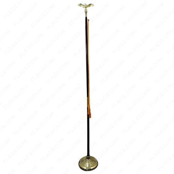 A 2-piece oak pole is shown on a brass floor stand and topped with an eagle ornament. A cord with tassels is shown on the right.