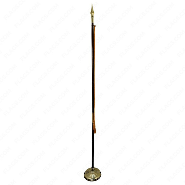 A 2-piece oak pole is shown on a floor stand and topped with a spear ornament.