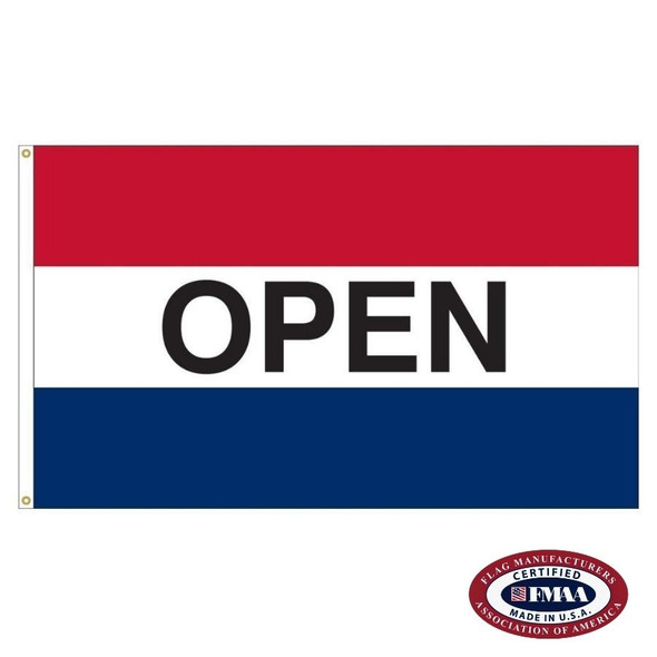 A horizontal red, white, and blue striped flag with the text "OPEN" in black in the center.