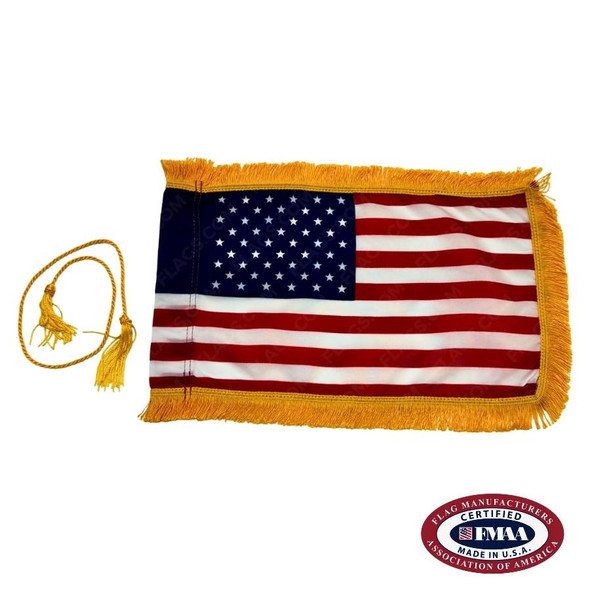 Small American flag with gold fringes. FMAA Certified Made in America seal.