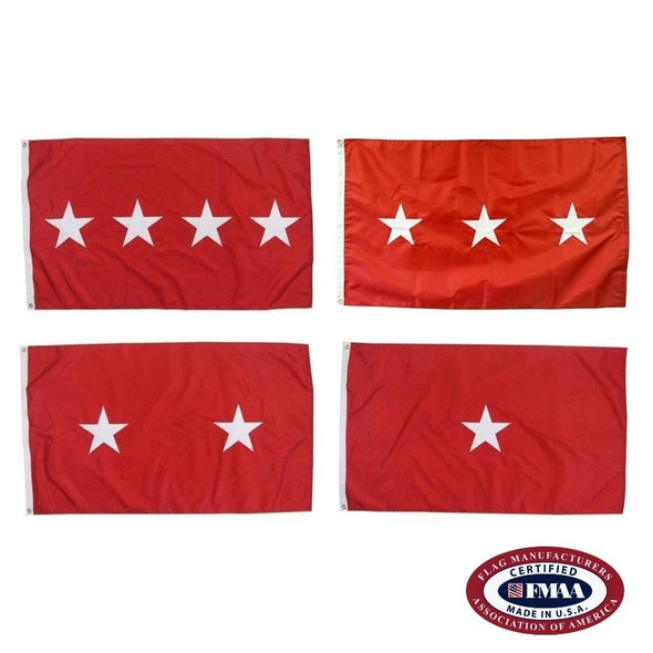 Four red flags are shown with 4, 3, 2, and 1 white stars on each. FMAA Certified Made in America seal.