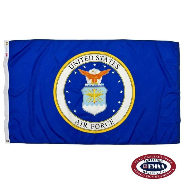 The dark blue Air Force flag has a seal in the center depicting a bald eagle perched on a shield. FMAA Certified Made in America seal.
