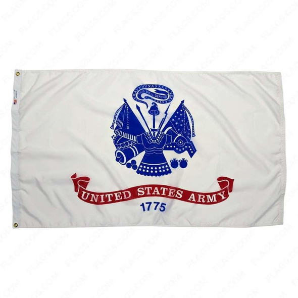 United States Army flag featuring a white field, and a blue US Army emblem. Under the emblem is a red banner that says “United States Army” 1775.