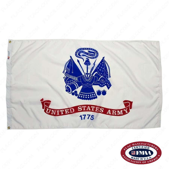 The white Army flag has a blue seal in the center depicting flags, cannons, armor, and lances. FMAA Certified Made in America seal.