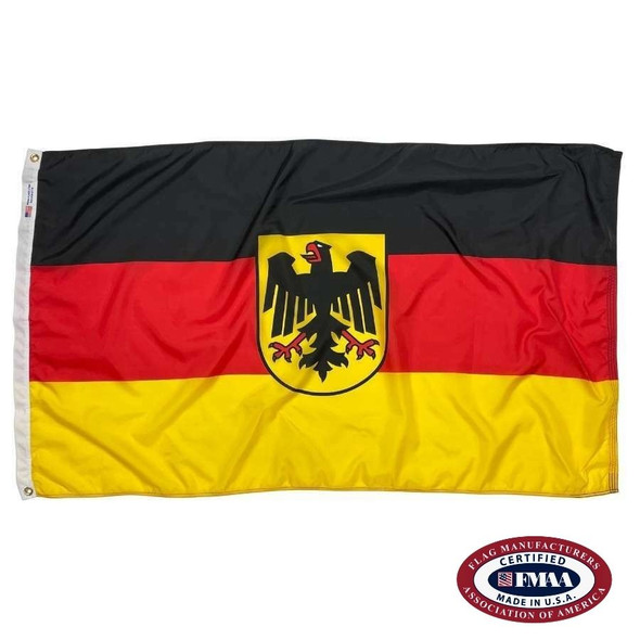 The German flag with eagle is a horizontal black, red, & gold tricolor. In the center is a coat of arms with a black eagle on a gold shield. FMAA Certified Made in America seal.