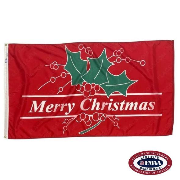 A Christmas flag with a red field. The flag's center has a green holly with “Merry Christmas” below it in white. FMAA Made in America seal.