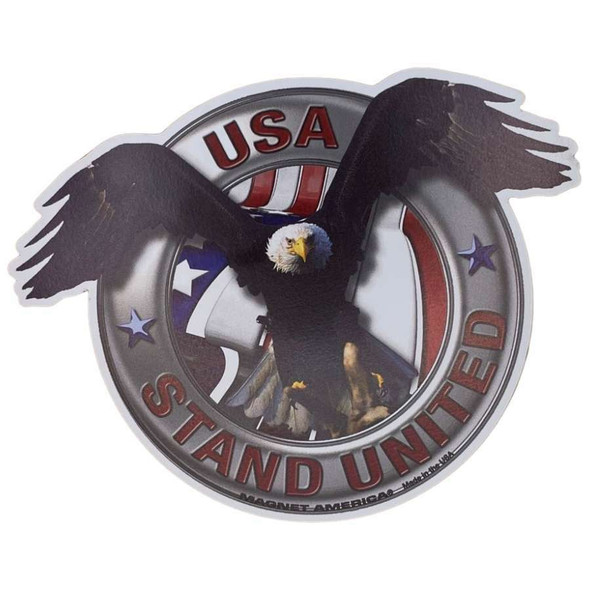 A magnet featuring a circle that says "USA" on top and "Stand United" on the bottom. Coming out of the circle is a bald eagle with an American flag behind it.