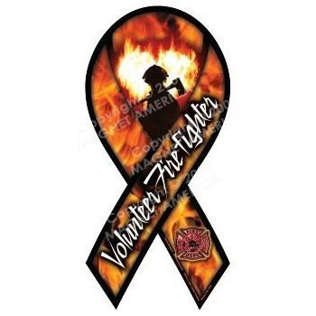 A black ribbon magnet overlaid with flames, with a firefighter silhouette in the center. Below is the text “Volunteer Firefighter.”