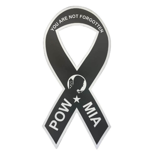 A magnet in the shape of a black ribbon with the words "you are not forgotten" at the top. The POW symbol is in the middle and the words "POW" and "MIA" are on the bottom.