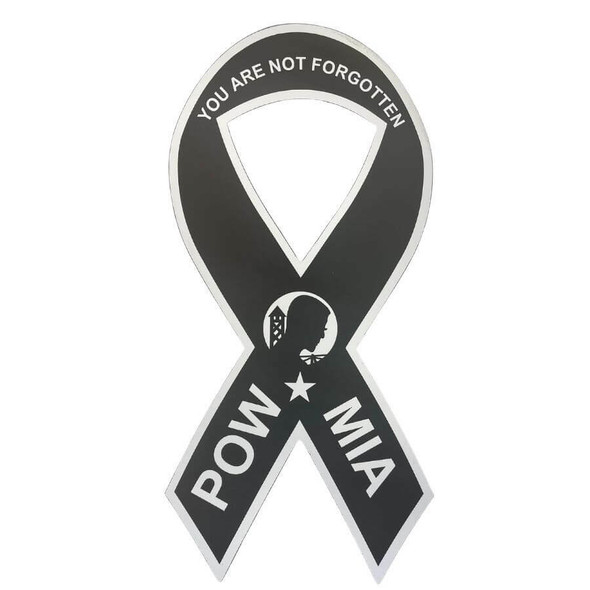A black ribbon magnet with the text "YOU ARE NOT FORGOTTEN" at the top. The POW symbol is in the center, and the words "POW / MIA" are below.