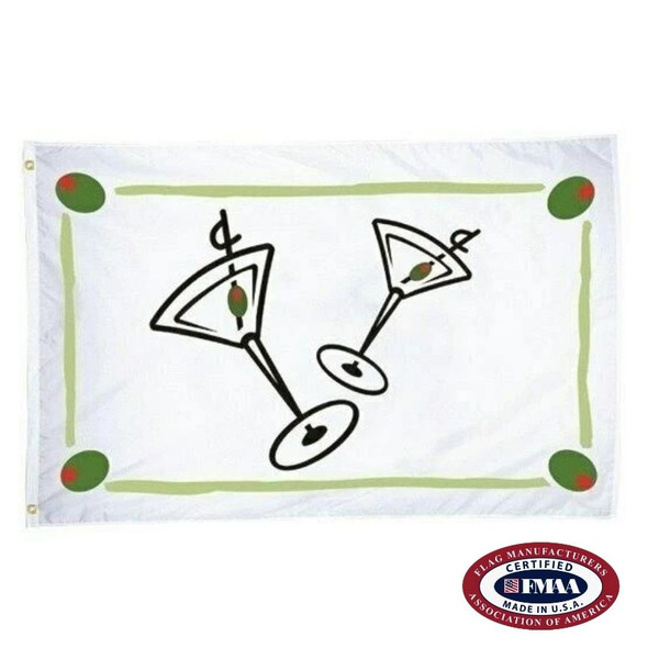 Flag with 2 martini glasses and olives in the center and green border with olives in corners.