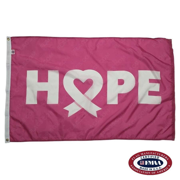 A Breast Cancer Awareness flag featuring a pink background with 'Hope' written in white across the center where the 'o' is a heart-shaped ribbon. FMAA Made in America seal.