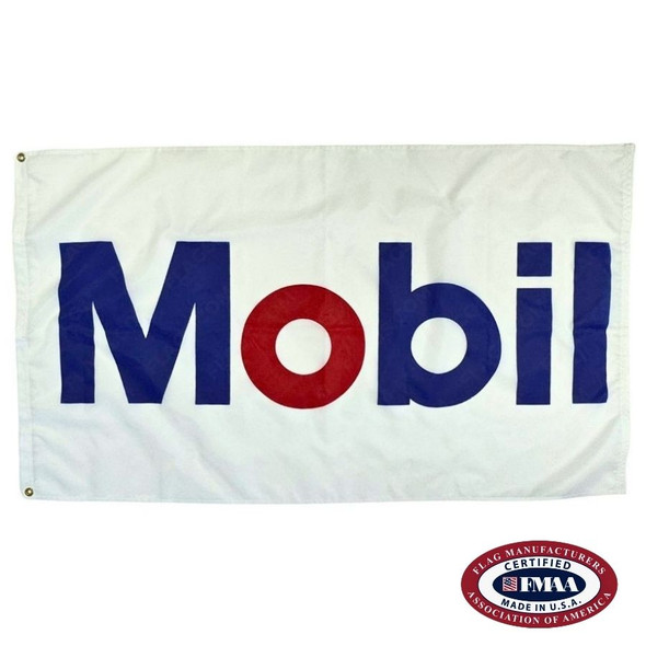 The image displays the Mobil Oil Corporation flag. The flag has a white background with a the text ‘Mobil’ written on the center. The letters are in blue with the exception of the letter ‘O’ which is in red.