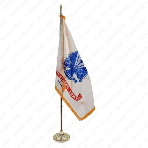 An oak flagpole with an Army spear ornament. On the pole is the Army branch flag featuring the US Army Seal and 3 sides of gold fringe.