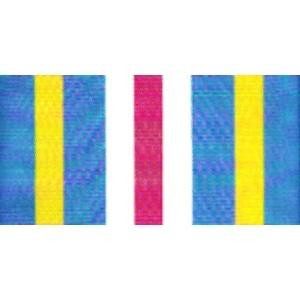 The Joint Meritorious Unit Award Streamer has nine symmetrical vertical stripes of blue, yellow, blue, white, and pink.
