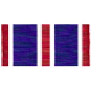 A dark blue military streamer with vertical bands of red stripes flanked with thin white lines.