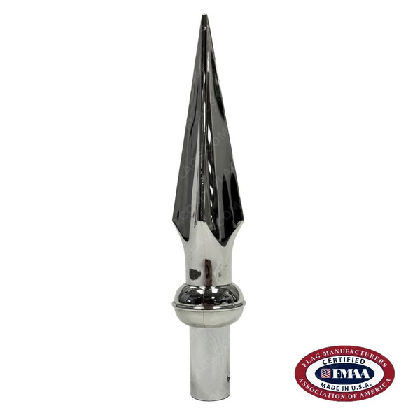 A silver metallic spear-shaped flagpole ornament. The tip is pointing upwards.