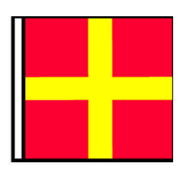 The Romeo flag is red with a perpendicular yellow cross in the center extending to the edges.