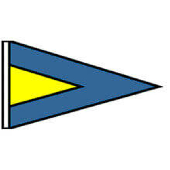 An isosceles triangle flag with a dark blue background and a smaller yellow triangle on the inside left.