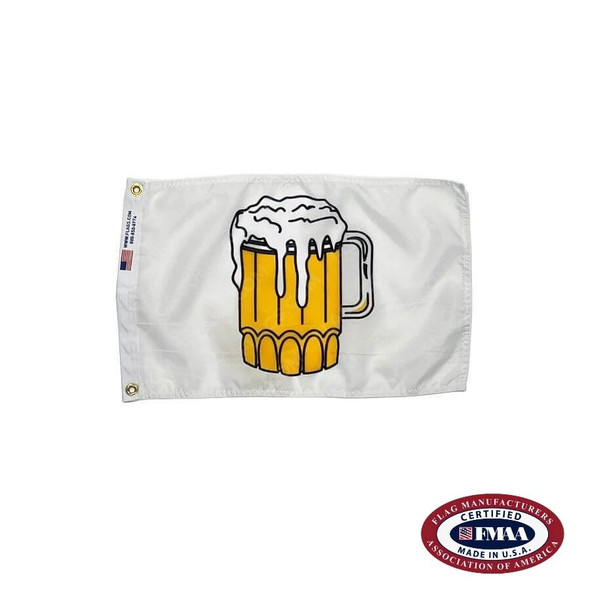 A white flag with a glass beer mug front and center. The liquid is a pale orange-yellow color and there is white foam on top.