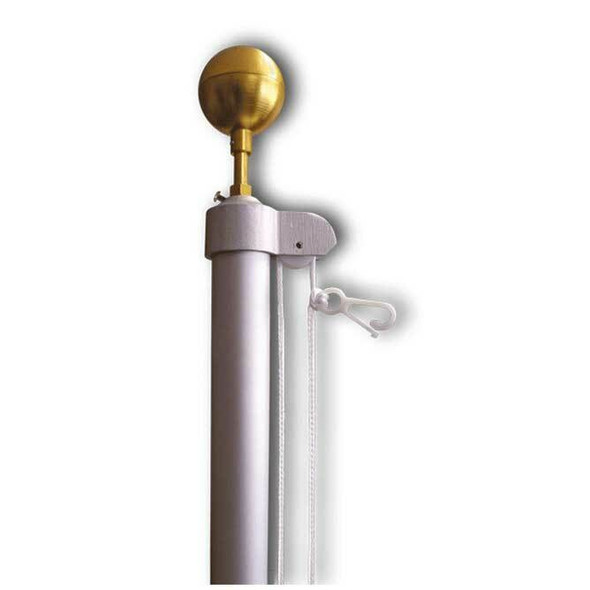 The upper portion of an aluminum non-tapered flagpole with a gold sphere ornament on top. The pole is shown having a truck, and halyard.