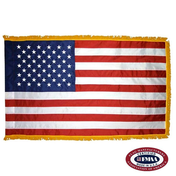 An American flag finished with a pole sleeve and surrounded on the other three sides with gold fringe. FMAA Certified Made in America seal.