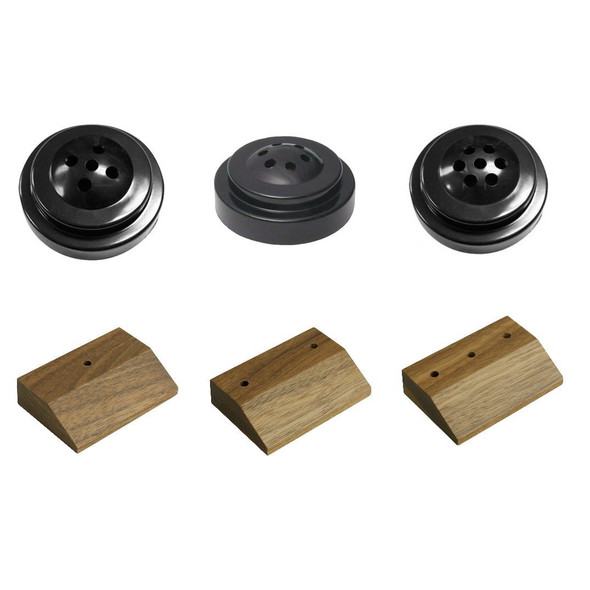 A walnut wood base with 1, 2, and 3 holes. A black plastic base with 5 and 7 holes. A black wood base with 10 holes.