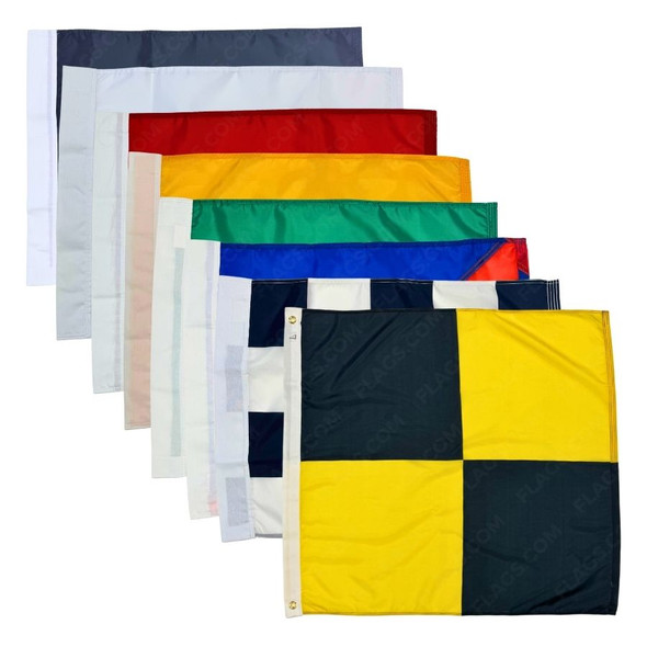 Seven auto racing flags are shown stacked on top of one another.