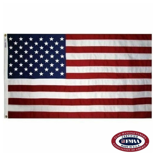 A US flag with 50 white stars on a blue field in the canton. The remainder of the flag comprises 13 alternating stripes of red and white. FMAA Certified Made in America seal.